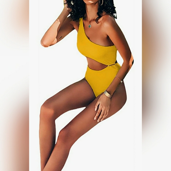 💚One Piece Swimsuit One Shoulder Cut Out High Wai - Picture 4 of 6